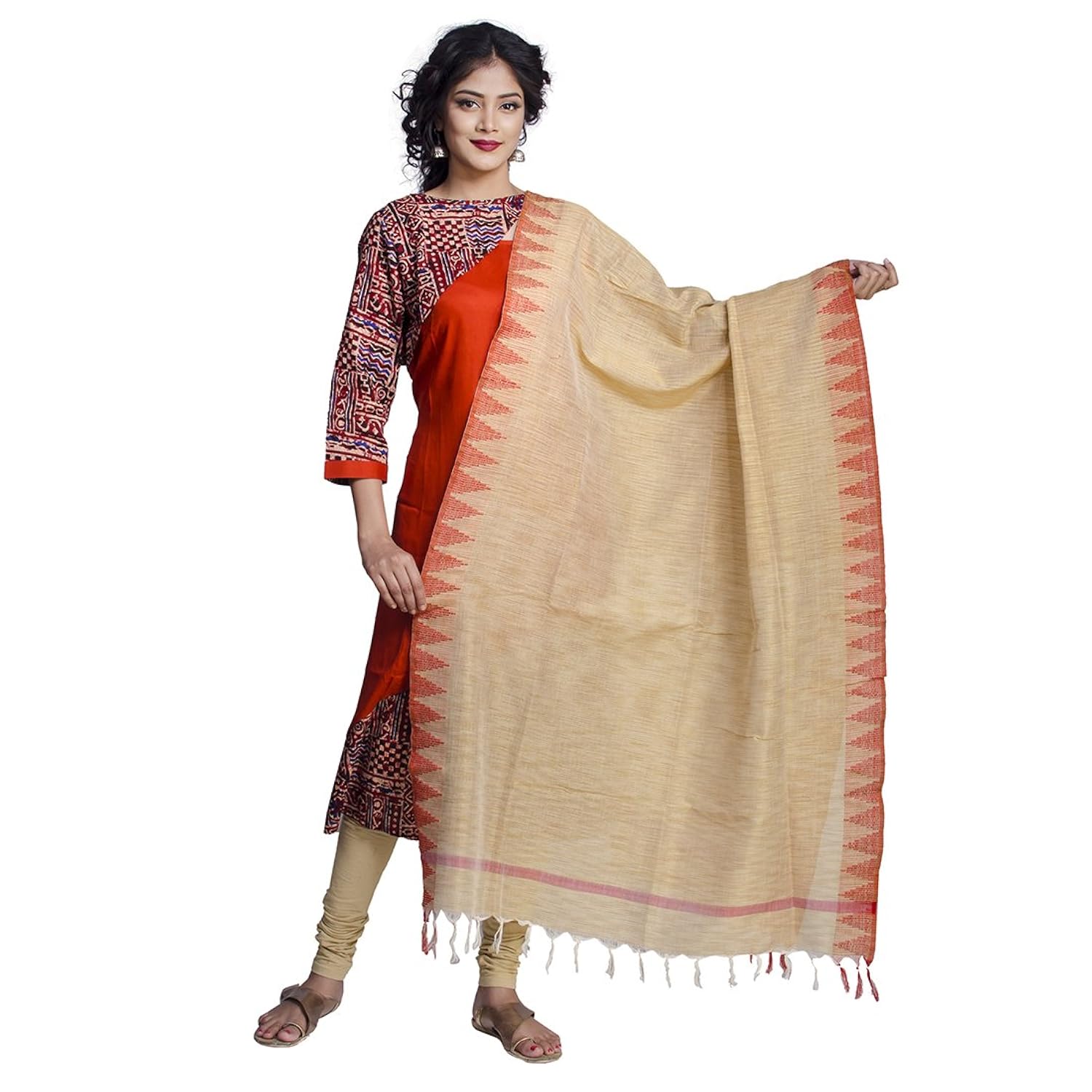 de global citizen women's applique handloom cotton dupatta (beige_coloured_free size)