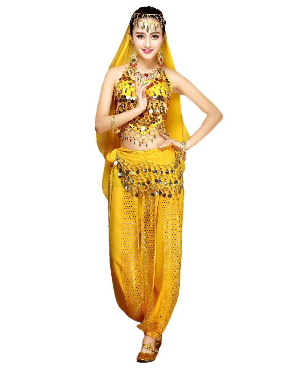 Grouptap Womens belly dancer 4-piece costume set outfit yellow with top pants head veil hip scarf for Arabian Egyptian dancing (Yellow, 150-170cm, 45-65kg)