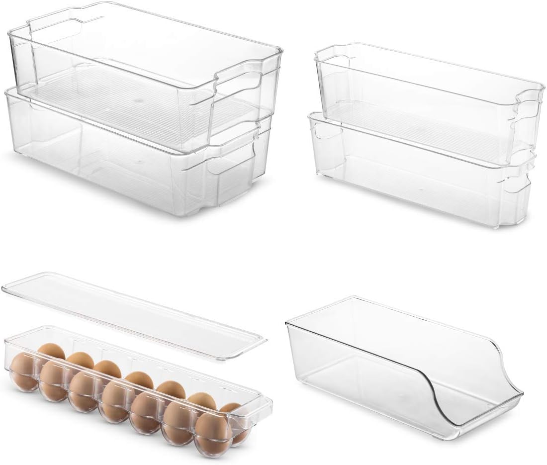 Set Of 6 Refrigerator Organizer Bins - Stackable Fridge Organizers for Freezer, Kitchen, Countertops, Cabinets - Clear Plastic Pantry Storage Racks: Kitchen & Dining