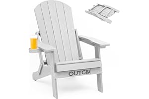 OUTGIK Folding Adirondack Chairs with Cup-Holder, Patio Chairs Wood Texture HIPS Outdoor Fire Pit Chair for Lawn Porch Garden Backyard