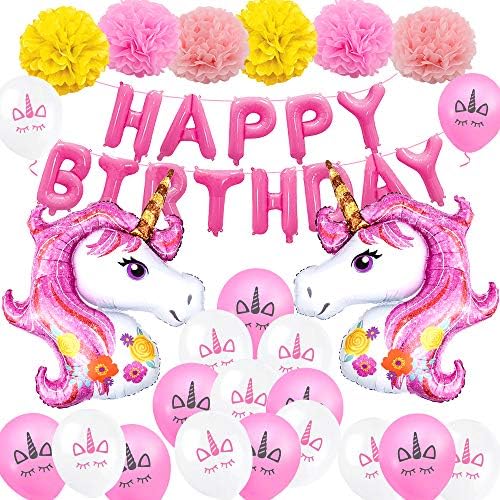 VSTON Unicorn Party Decoration, Big Unicorns Pink Foil Happy Birthday Banner 10in Latex Balloons Paper Pom Poms for Kids(29PCS)