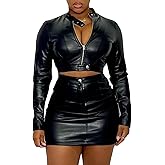 SEMATOMALA Women's Faux Leather Cropped Zip Up Jacket and Bodycon Mini Skirt Outfits 2pcs PU Matching Sets