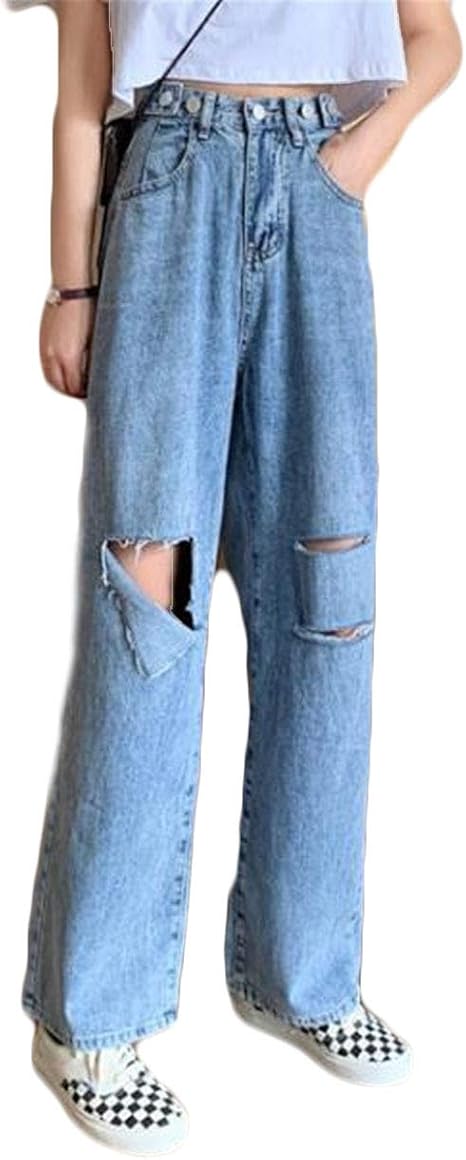 Amazon フッカツ デニム ロング パンツ レディース ワイドパンツ ボトムス ジージャン ダメージ ぼろぼろ風 美脚 着痩せ ハイウエスト カジュアル おしゃれ 通勤 普段着 春 夏 薄手 Bf風 かっこいい ジーンズ 通販