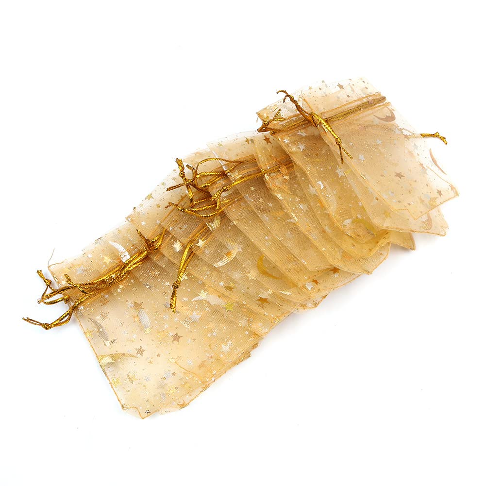Hsthe Sea 100 Pack Christmas Organza Bags Moon Stars Organza Bags Jewelry Candy Drawstring Pouches for Winter Wedding Christmas Party-Yellow