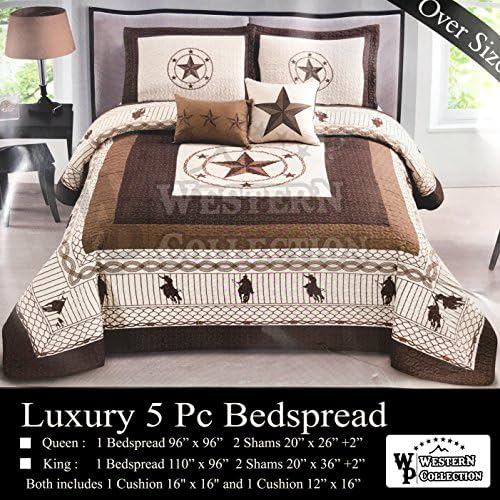 Western Collection New 5 Pieces Western Stars and Horses Cowboy Luxury Home Quilt Bedspread Oversize Comforter with Cushions (King, Beige Star)