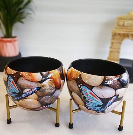 Exotic Green Floral Butterfly Combo Designer Pot with Stand for Indoor Plants | Beautiful Metal Planters for Living Room and Balcony | Table Top Flower Plant Pots - Floral Design I (2 Pcs Combo)