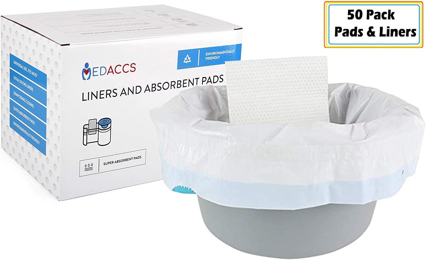 Bedside Commode Liners with Absorbent Pad Disposable 50 Pack - for Elderly, Sick Patients, Nurses - for Potty Chair Liners, Portable Toilet Bags, Buckets, Pails, Bedpans - Leak-Proof, Biodegradable: Health & Personal Care