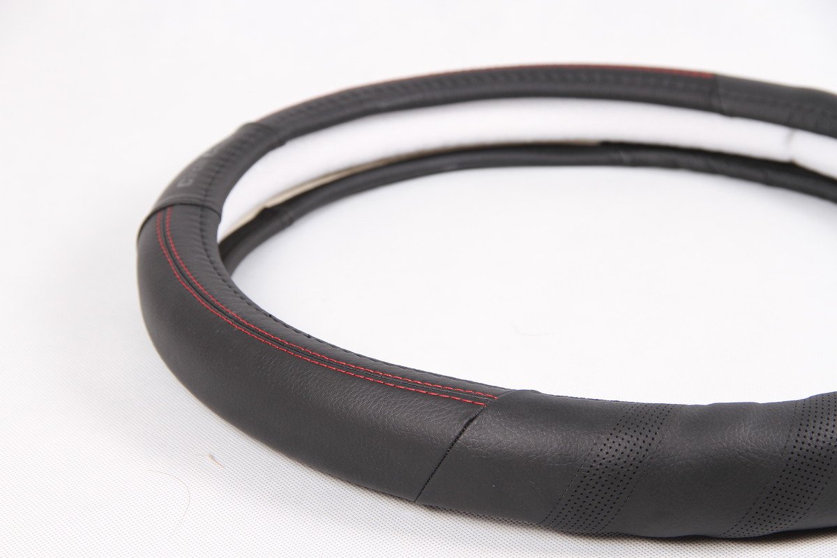 無料長期保証 円クール 15 直径pvcレザーステアリングホイールカバーlarge Cc la B00vdwfpcm Black With Red Stitch 高い品質 Theincap Com