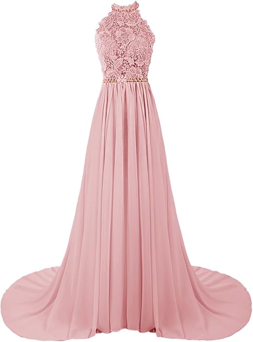 DRESSTELLS Women's Long Halterneck Chiffon Prom Dress Aline Evening