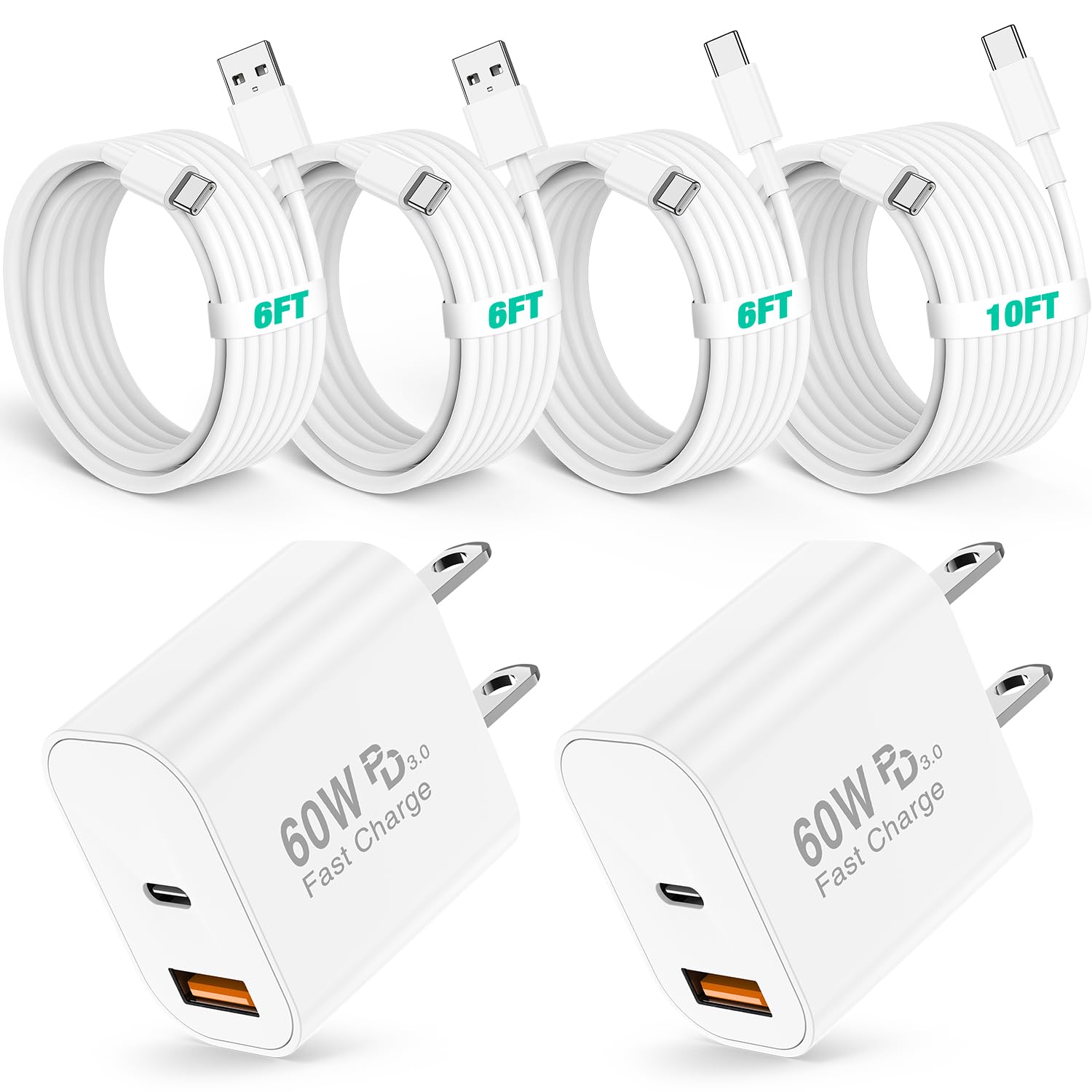 deloni 60W USB C Fast Charger for iPhone 17/16/15 Pro Max Charger,2-Pack PD 3.0 Dual Port Wall Charger Block with 6Ft+10Ft USB C Cable,Super Fast Charging for iPhone 17/16/15/Air Series,iPad Pro,White
