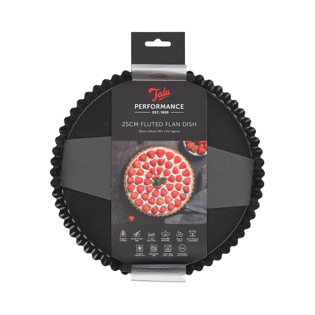 Tala Performance 25 cm Dia Fluted Tart Tin, Professional Gauge Carbon Steel with Eclipse Non-Stick Coating, Loose Base, Perfect for savoury or Sweet tarts, flans, quiches, or Desserts, Black