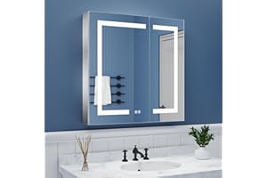ExBrite LED Lighted Bathroom Medicine Cabinet with Mirror, 30 x 30 Inch, Recessed or Surface led Medicine Cabinet, Defog, Stepless Dimming,Color Temper Change, 2 Outlets,Storage Shelves