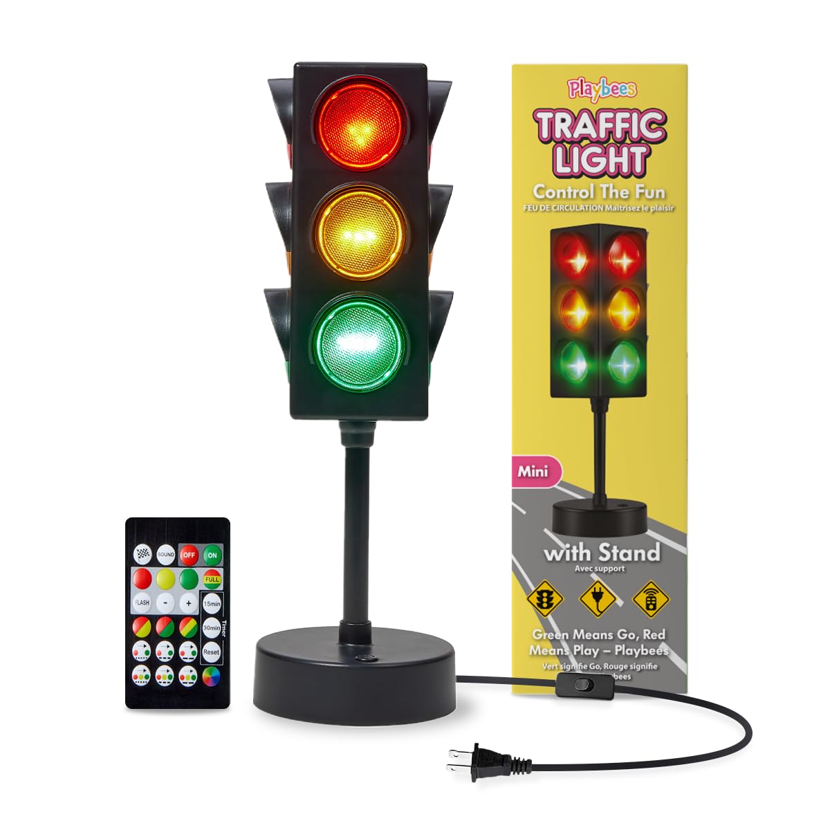 Playbees Mini Traffic Light Lamp with Base 11 inches Vibrant Decoration Working with Batteries or USB-C Traffic Light Blinking Modes Decoration for Bedrooms Stop Sign Room Decor