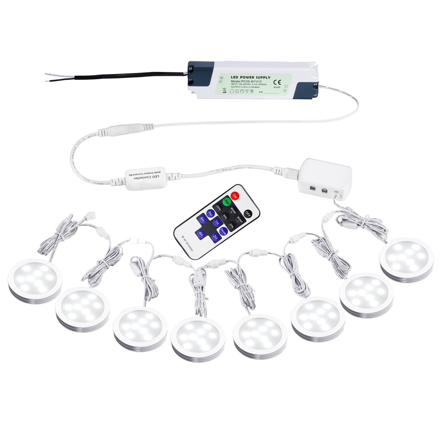 AIBOO Linkable Under Cabinet LED Lighting 12V Slim Aluminum Dimmable Puck Lights Direct Wired with RF Remote Control for Kitchen Lighting(8pack Daylight White)