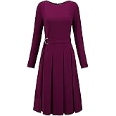 Hobemty Women's Pleated Dress A Line Tie Waist Business Casual Long Sleeve Dresses