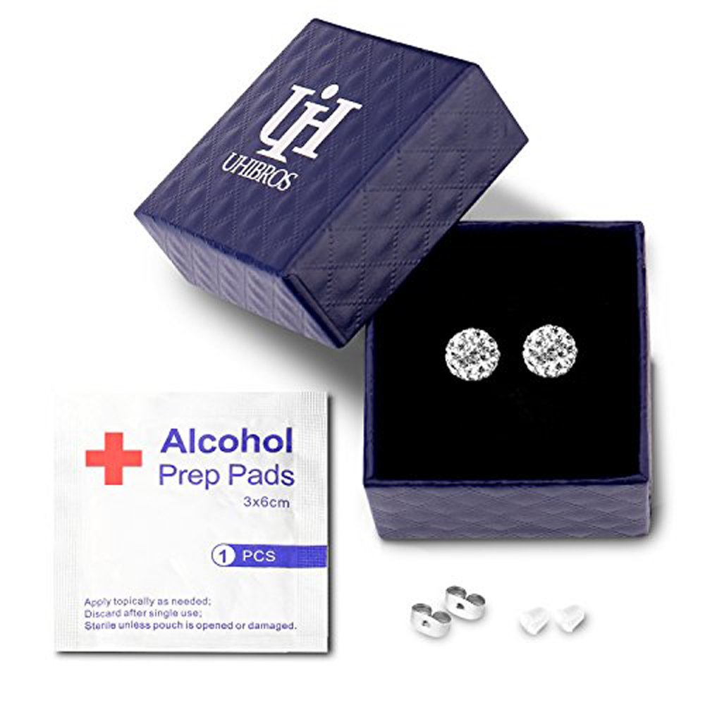 UHIBROS 316L Surgical Stainless Steel Stud earrings Round Ball Diamond Ear Stub