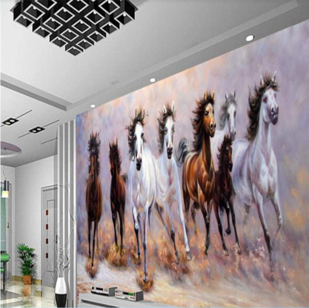 European Wallpaper Hand-Painted Stereo Eight Horses Running Oil Painting Wallpaper Living Room Background murals 3D
