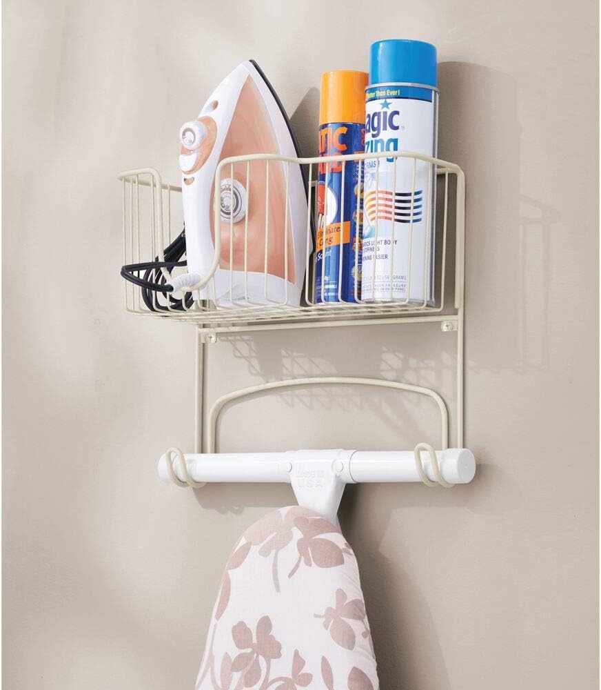 mDesign Metal Wall Mount Ironing Board Holder with Large Storage Basket - Holds Iron, Board, Spray Bottles, Starch, Fabric Refresher for Laundry Rooms - Satin: Home & Kitchen