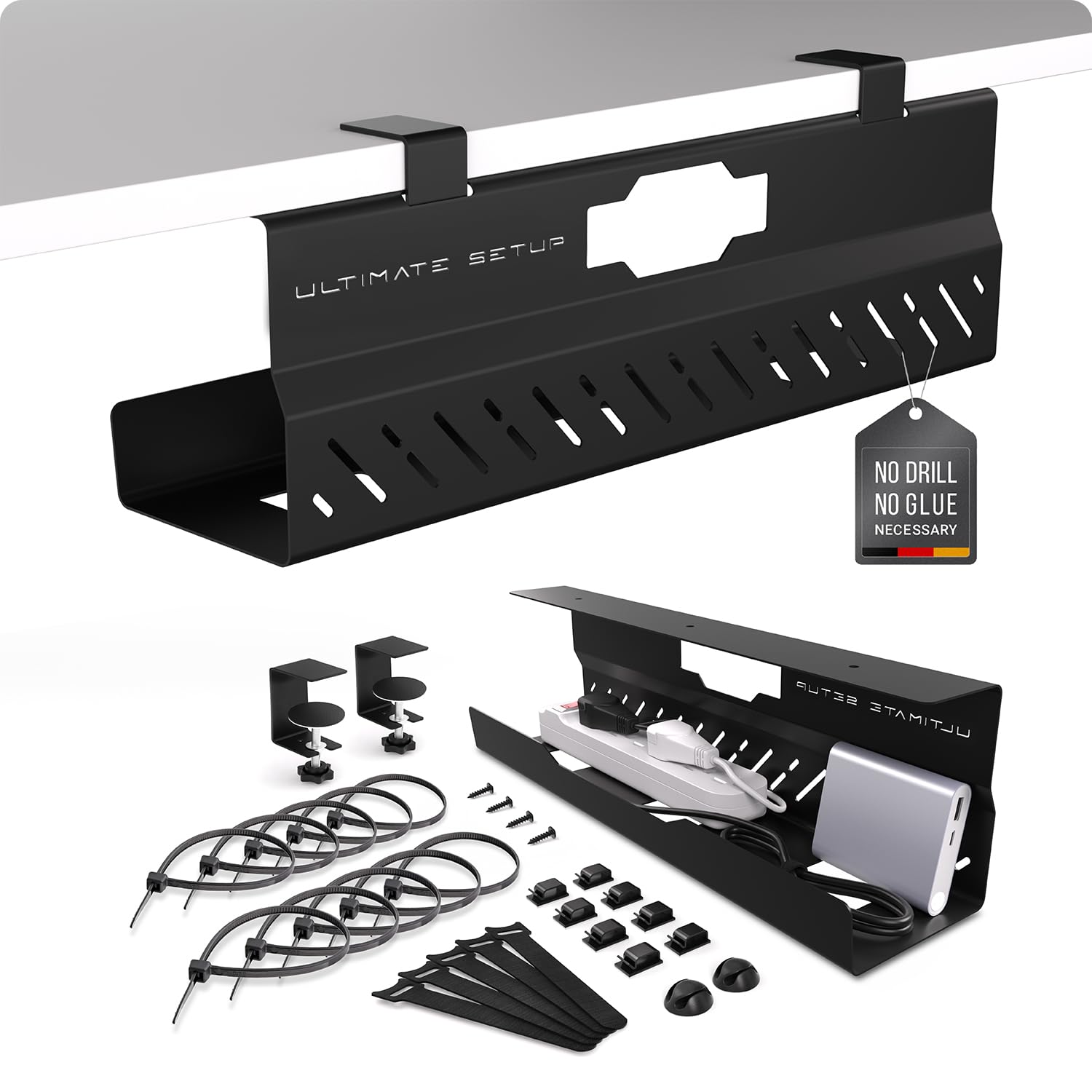 Photo 1 of Under Desk Cable Management Tray no Drill – Wire Management - Cord Organizer – Huge Load Capacity – Under Desk Cable Tray no Drill (Black, 1 Piece Set)