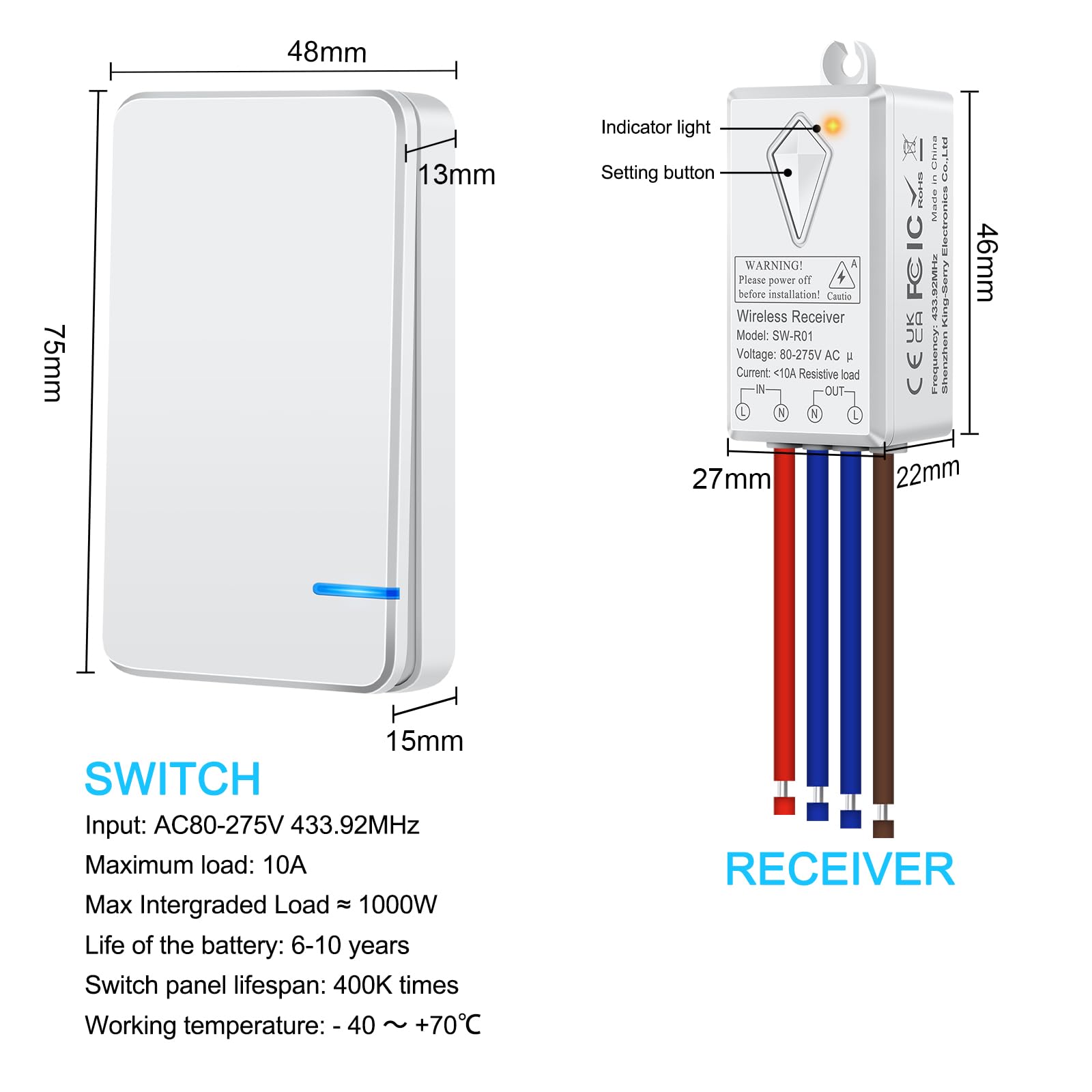 Funkschalter 230V, NineLeaf MiNi Lichtschalter Funk mit Fernbedienung, Einfache Installation, Reichweite der Fernbedienung 100m, IP66 Wasserdicht Tragbarer Kabelloser Schalter für 1000W Lampe 9