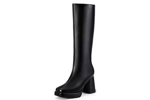 IDIFU IN4 Knee High Boots Women Platform Boots Tall High Long Square Toe Chunky Gogo Block Heel Boots Fall Dress Comfortable Fashion Cute Sexy Dance Booties for Women Zipper Heeled Boots