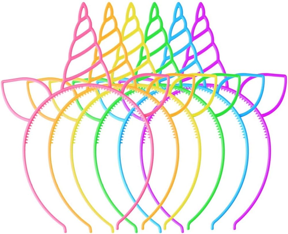 nuosen 12 Pcs Unicorn Headbands, Party Favors Supplies Cat Ear Headbands Plastic Horn Hairband for Kids Girls Cosplay Birthday Party