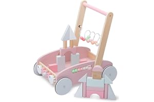 UMU Wooden Baby Walker, Push Toys for Babies Learning to Walk,Shopping Cart for Kids Garden Wagon and Play Set with Abacus Blocks Push and Pull Learning Walking Educational Gift for Toddler Boy 2 3 Pink