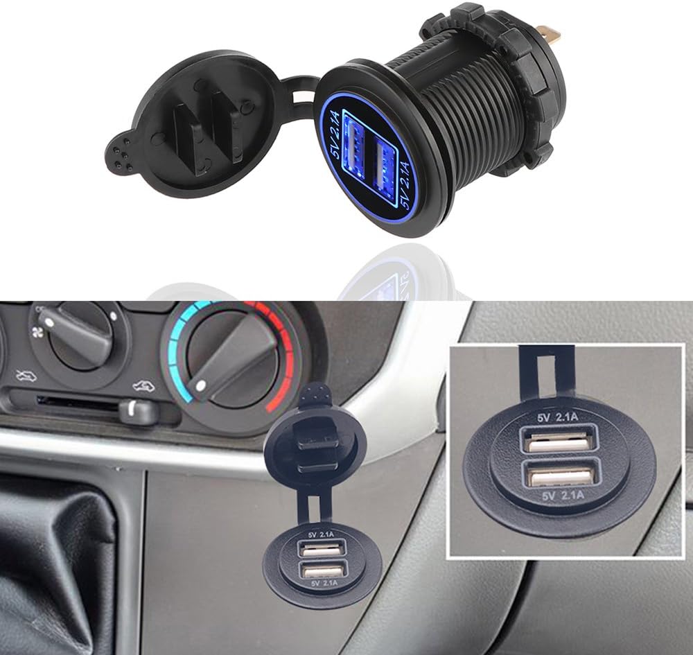 FORNORM Dual USB 4.2A Charger Socket, 12-24V Waterproof Car Power Outlet Adapter with LED Indicator for Car Boat Marine Motorcycle, Dual Circle LED light (4.2A-Blue)
