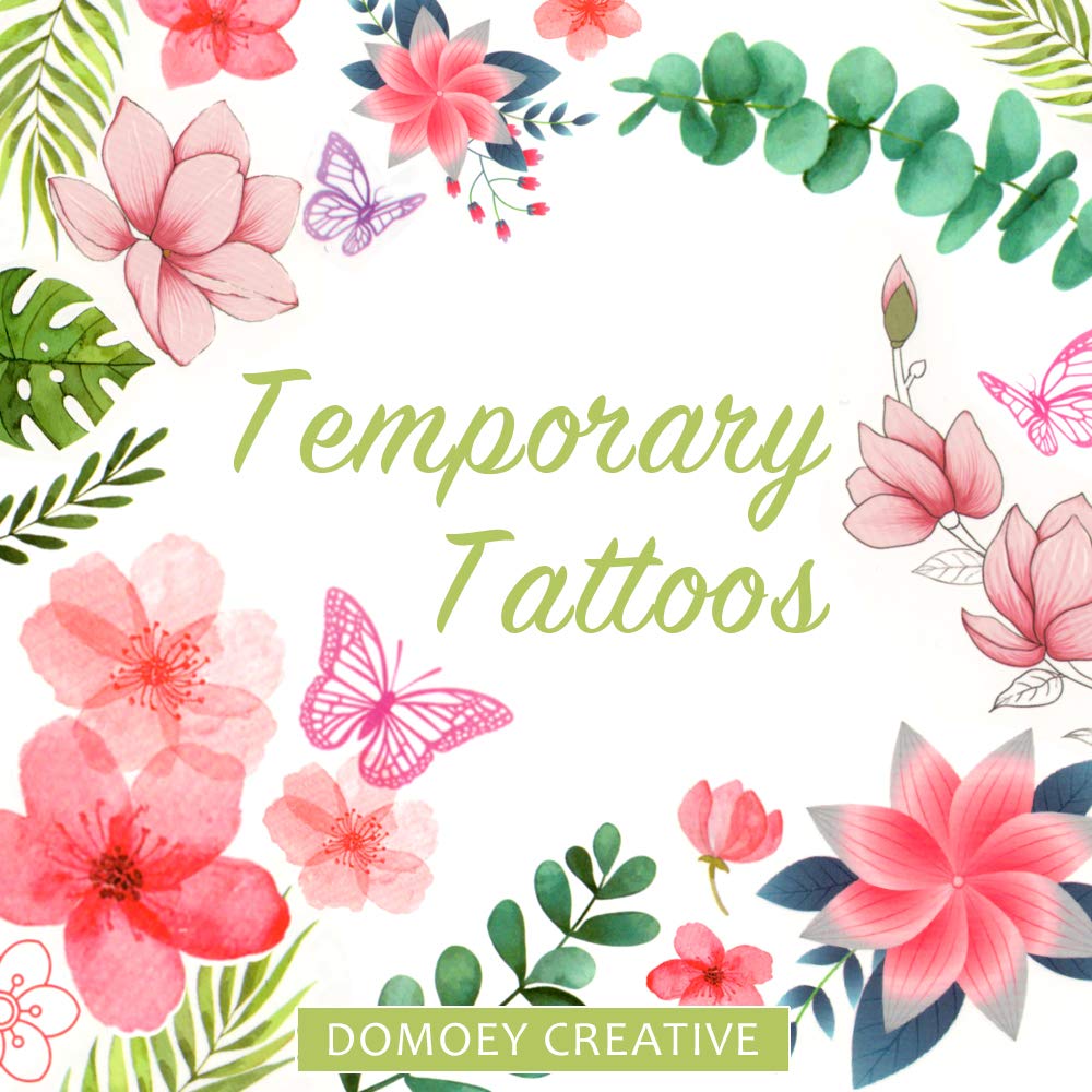 DOMOEY Flower Fake Tattoos, Temporary Tattoo for Women Girl Adult Kids, Flower Four Leaf Clover, Butterfly tattoo, Lotus Cherry tattoo, Pack of 9 Sheets