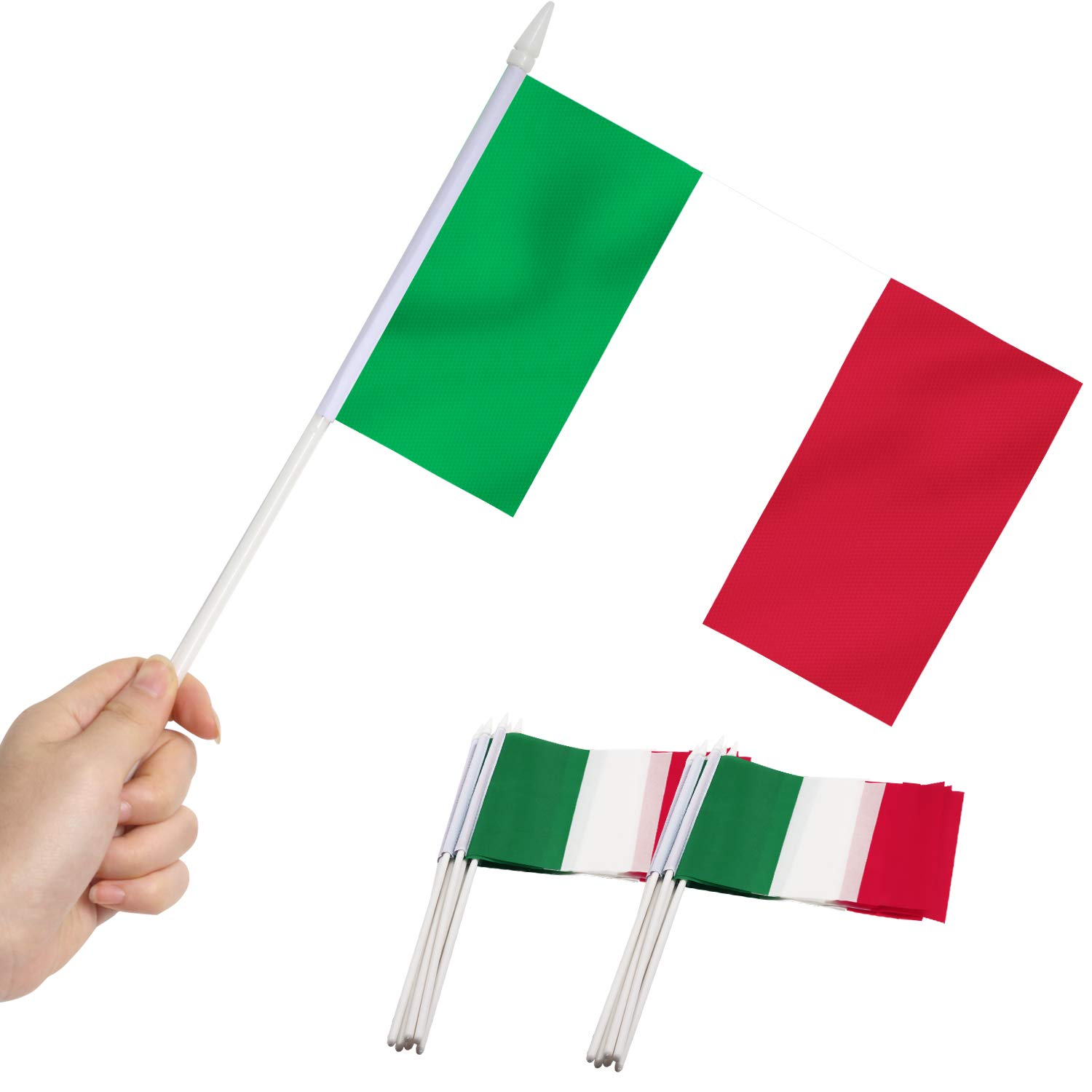 Italy Stick Flag, ANLEY Italian 5x8 inch (12 X 20cm) HandHeld Mini Flag With 12" (30cm) White Solid Pole - Vivid Color and Fade Resistant - 5 x 8 inch Hand Held Stick Flags With Spear Top (1 Dozen)