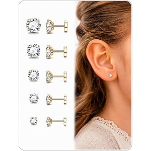 Flat Back Earrings for Girls, 5 Pairs Hypoallergenic 316L Surgical Steel CZ Stud Earrings for Sensitive Ears, 20G Screw Back