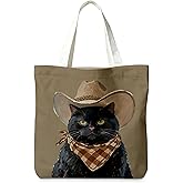 LIANGW Cute Black Cat Canvas Tote Bag Aesthetic Flowers Reusable Shopping Grocery Bags Birthday Gifts for Women & Teen Girls