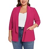 MINTLIMIT Plus Size Blazers for Curvy Women 3/4 Sleeve Shawl Collar Open Front Suit Blazer for Bussiness Casual (Hot Pink,4XL)