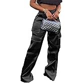 VJMVJM Women Satin Cargo Pants High Waisted Straight Wide Leg Casual Pants Multi Pockets Club Y2k Trousers