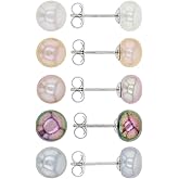 JTV Freshwater Pearl Earring Set for Women - Multicolored Rhodium-Plated Sterling Silver - Hypoallergenic, Classic, & Trendy - Gift Box Included - 8-9 mm - Pack of Studs