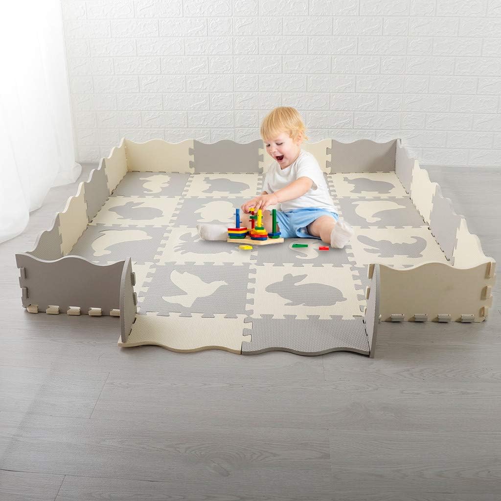 Salaks Large Baby Play Mat with Fence,Foam Tile Nursery Room Activity Puzzle Floor Play Mat with Fence for Babies Infants and Toddlers for Playing, Thick，Crawling and Ultra Thickness US Stock (A)