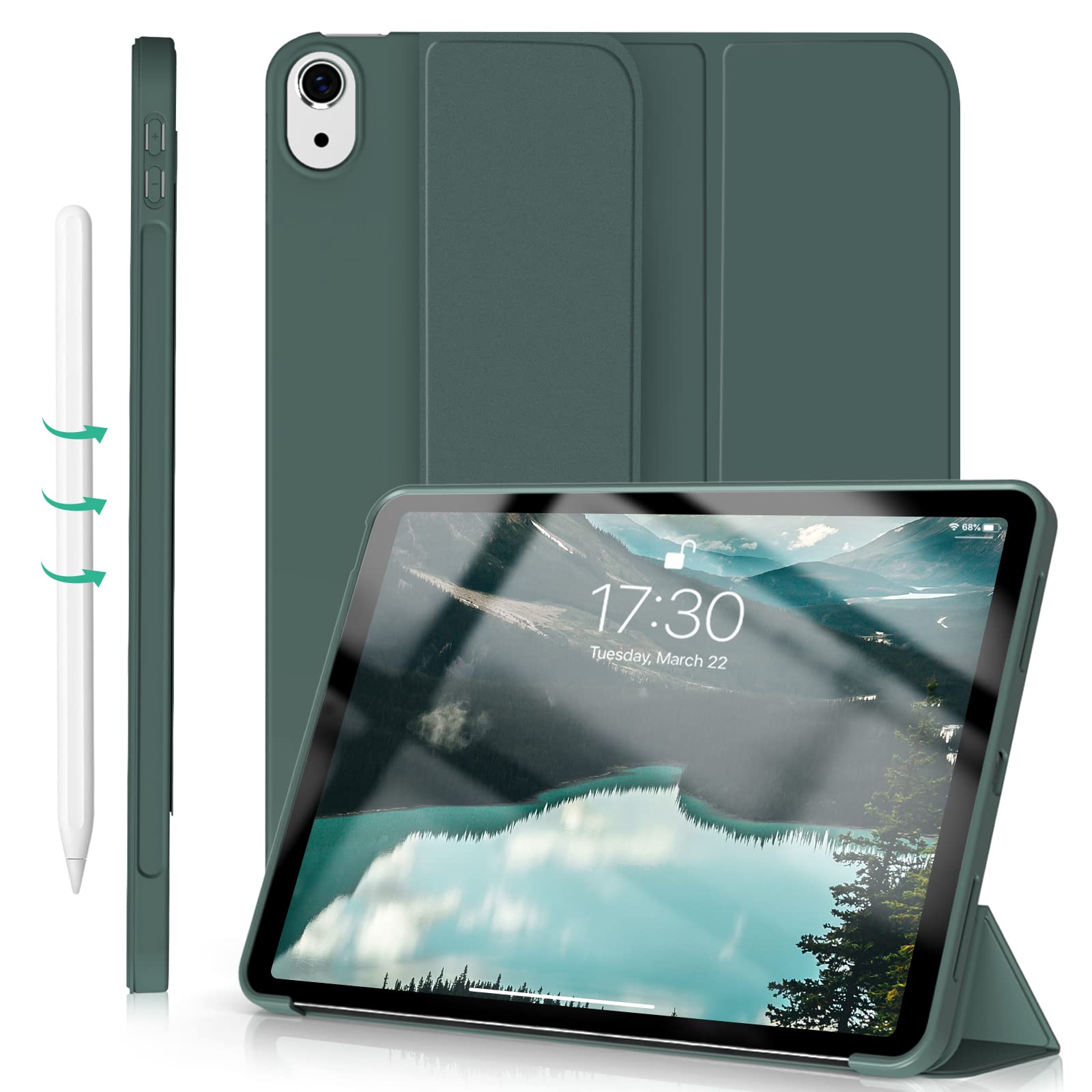 ZOYU Case for iPad Air 11-inch M4/M3/M2 2026/2025/2024, iPad Air 5th 4th Generation 2022 2020 10.9 inch, Auto Wake/Sleep, Silicone soft TPU Back Cover, Lightweight Trifold Stand Smart Case, Dark Green