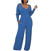Annystore Sexy 2 Piece Set for Women Fall Outfit Ribbed Knit Long Sleeve Crop Cardigan Wide Leg Pants Set Jumpsuit Clubwear