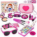 Kids Makeup Kit - Girl Pretend Play Makeup & My First Purse Toy for Toddler Gifts Including Pink Princess Purse, Smartphone, Sunglasses, Credit Card, Lipstick, Brush, Lights Up & Make Real Life Sounds