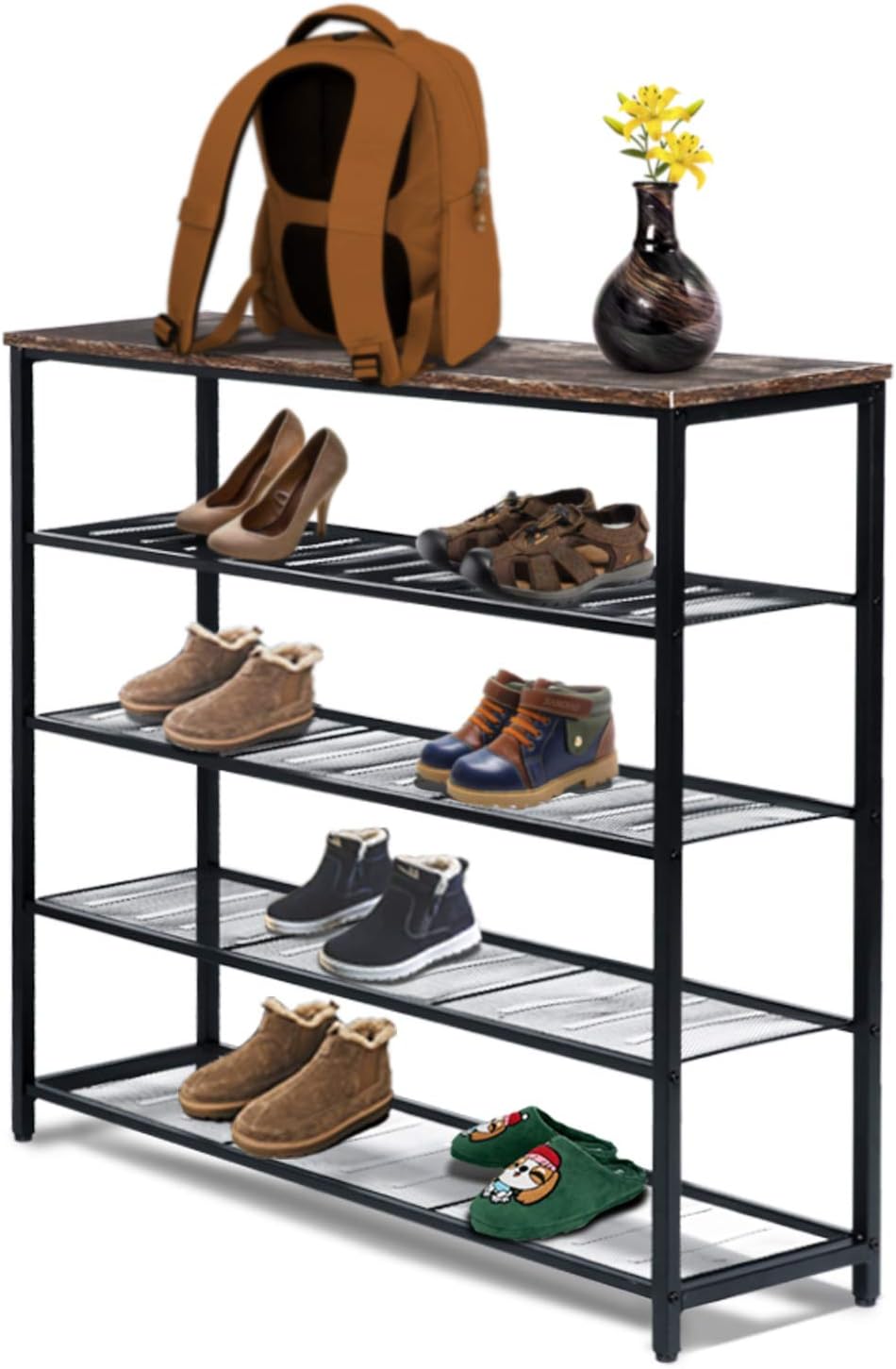 bamboo shoe rack amazon on Amazon Com Tooca Shoe Rack 5 Tier Shoe Storage Organizer With Wood Top Organizer Stackable Sturdy Metal Shoe Rack For Entryway Closets Hallway Bedroom Living Room Hallway Downstairs Industrial Decoration Home Kitchen