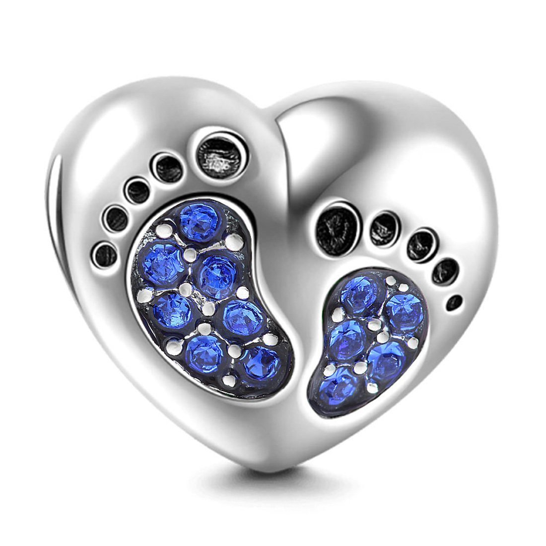 Footprint Charm 925 Sterling Silver Heart Baby Foot Charm Birthday Charm Birthstone Charm Heart Charm Anniversary Charm for Pandora Charm Bracelet (Blue)