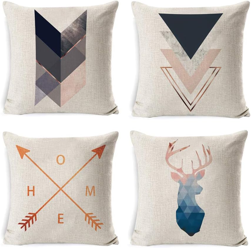 INSHERE Rustic Farmhouse Throw Pillow Cover Cotton Linen Burlap Decorative Cushion Covers Pillowcase Cushion Case for Sofa Bedroom Car 18 x 18 Inch 45 x 45 cm (Deer, Arrow, Geometry)