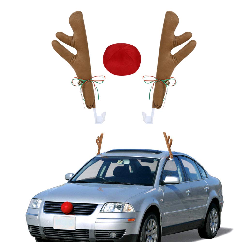 Car Reindeer Antlers Christmas Car Decorations Plush Rudolf Antlers and Nose Set Reindeer Jingle Bell for Vehicle Xmas Auto Accessories Costume (Khaki)