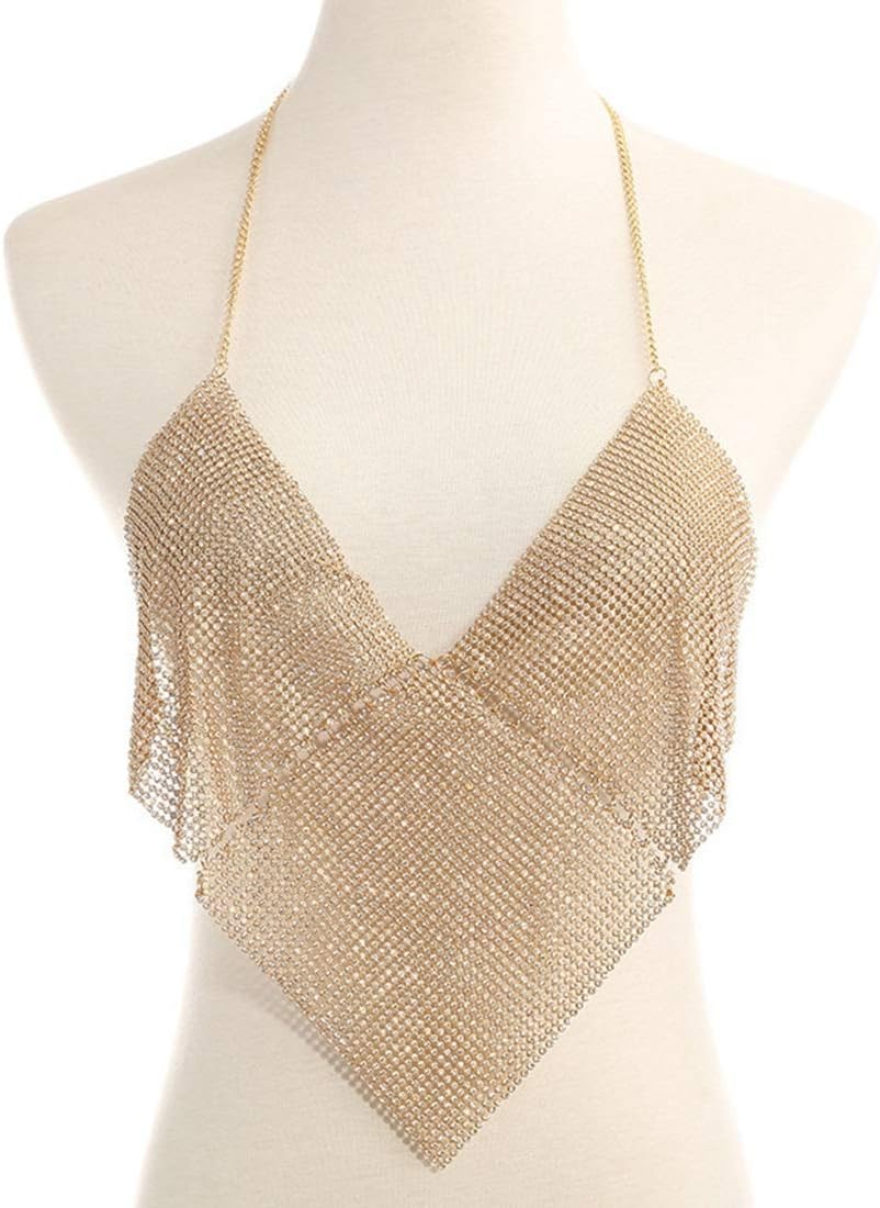 FANCYKIKI Lingerie Chain Body Chain Vest Women's Nightclub Low-Cut Halter Hanging Neck Flash Drill Stitching Personality Halter Body Necklaces for Women,Gold Bralette (Color : Gold)