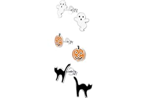 ICYROSE 925 Sterling Silver NEW Set of 3 Pairs Halloween Ghost Black Cat and Jack Pumpkin Stud Earrings (Nickel Free)