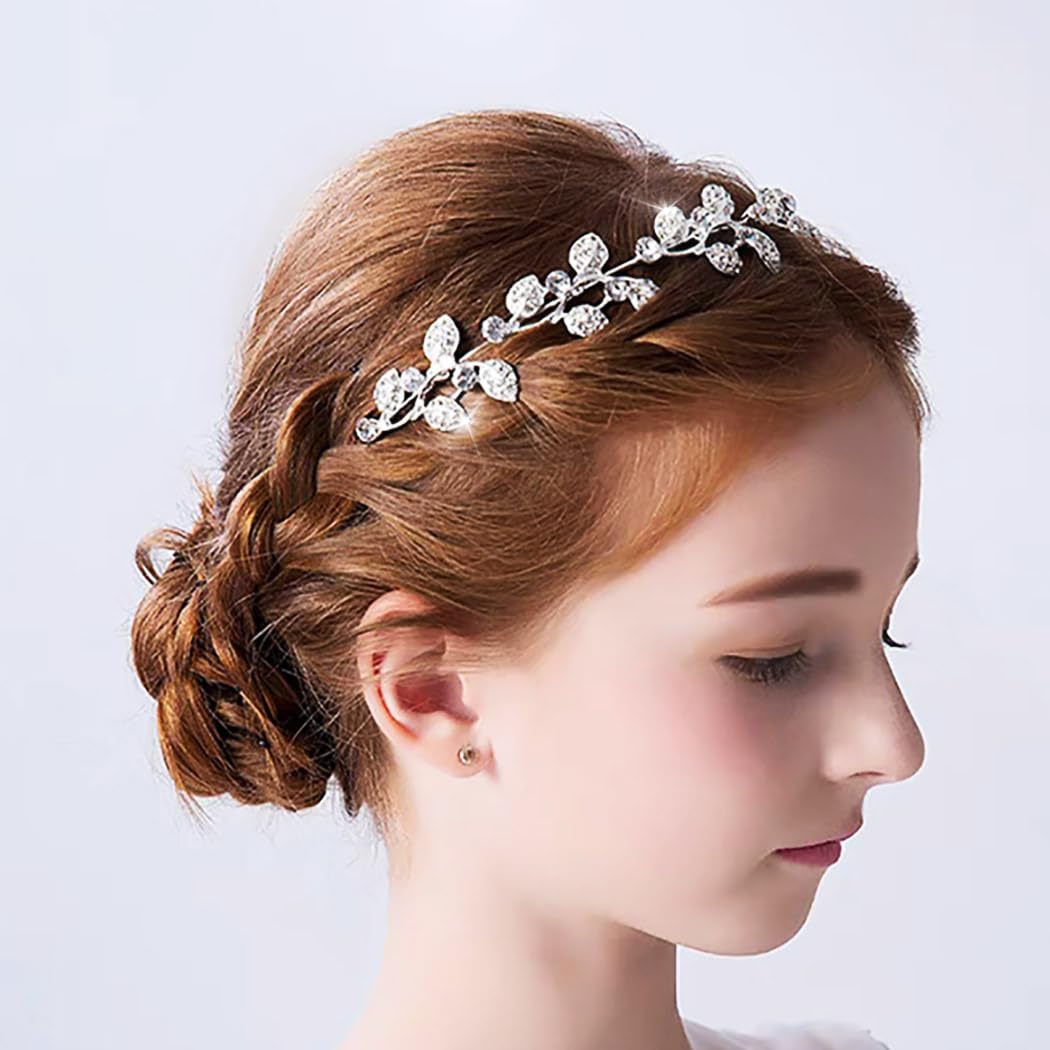 IYOU Flower Girl Headband Silver Crystal Communion Hair Bands Leaf Bridal Wedding Hair Accessories for Girls