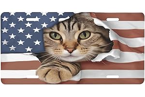 CFPOLAR American Flag Cat License Plate, Decorative Car Front License Plate, Aluminum Novelty License Plates Vanity Tag Metal Car Plate for Women Men 6 X 12 Inch
