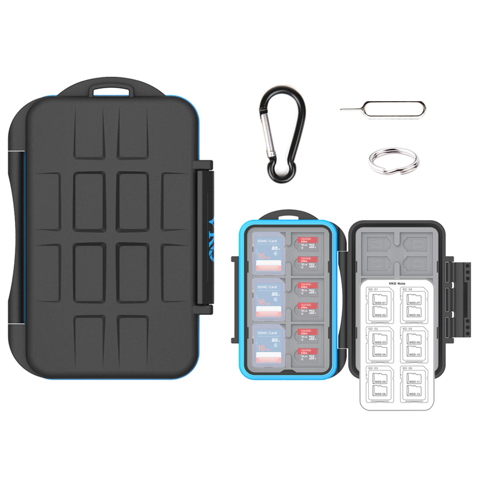 VKO Memory Card Case, 36 Slots, Shockproof, High Capacity, Water-Resistant, Black Small Carabiner, Case for Computer & Camera Use