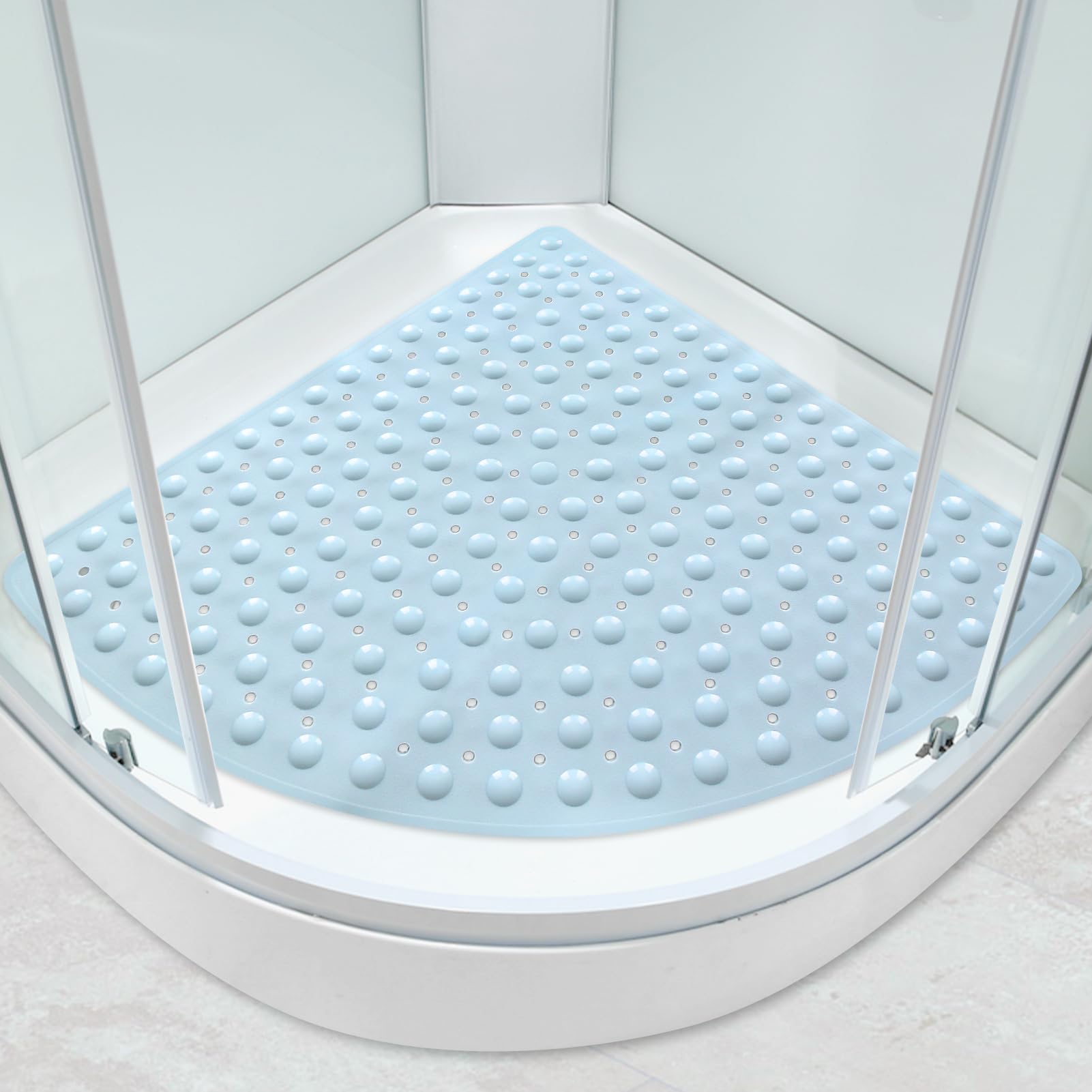 Large Corner Shower Mat Non Slip Anti Mould with Suction Cups 70x70cm Soft Texture Quadrant Bath Mat for Inside Walk-in Shower with Drain Sector Massage Floor Mat for Bathroom Area (Blue, 70x70cm)