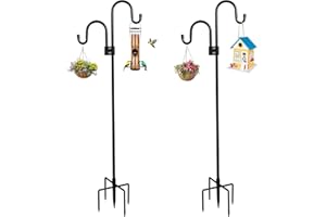 Whonline Double Shepherds Hooks for Outdoor 76 Inches (2 Pack), Bird Feeder Pole Heavy Duty with 5-Prong Base, Two Sided Garden Pole for Hanging Plant Baskets, Solar Lights, Weddings Decor